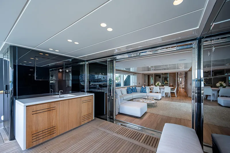 The Wolf Yacht Photos Pics Luxurious interior of 2023 Sanlorenzo SD118 yacht with modern furnishings and elegant design.