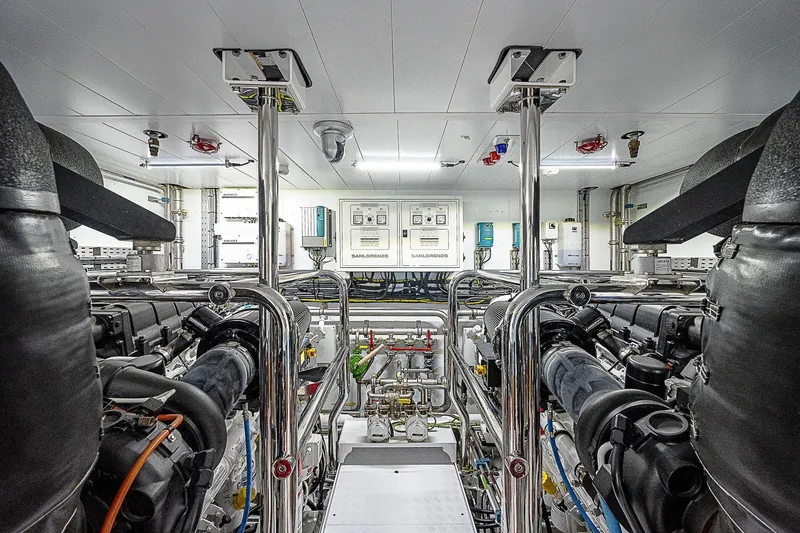 The Wolf Yacht Photos Pics Engine room of 2023 Sanlorenzo SD118 yacht, showcasing advanced machinery and control systems.