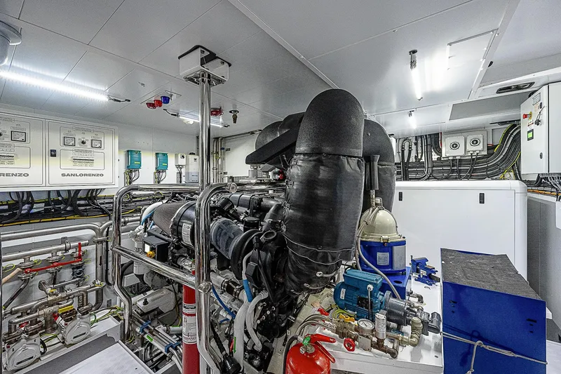 The Wolf Yacht Photos Pics Engine room of 2023 Sanlorenzo SD118 yacht, featuring advanced machinery and control systems.