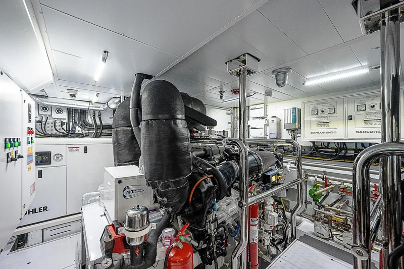 The Wolf Yacht Photos Pics Engine room of 2023 Sanlorenzo SD118 yacht, featuring advanced machinery and control systems.