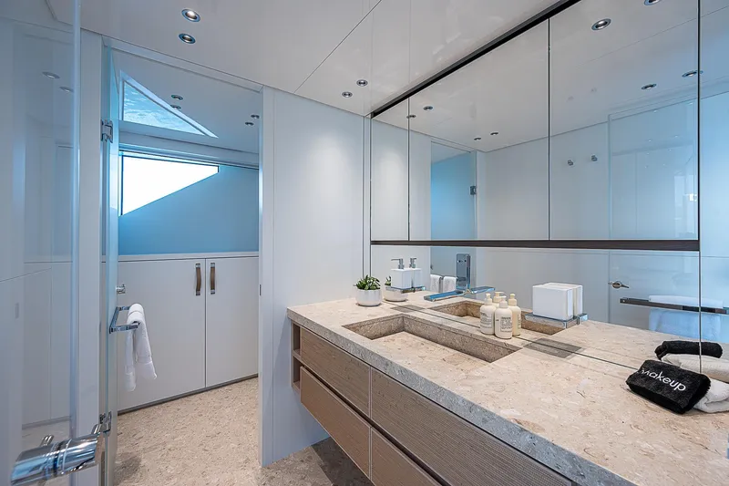 The Wolf Yacht Photos Pics Luxurious bathroom in 2023 Sanlorenzo SD118 yacht, featuring modern fixtures and elegant design.
