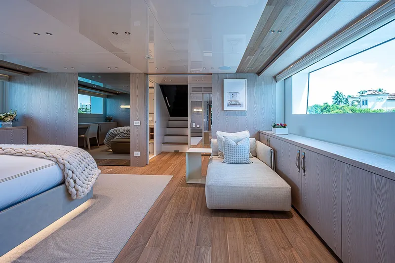 The Wolf Yacht Photos Pics Luxurious interior of 2023 Sanlorenzo SD118 yacht with modern decor and large window view.