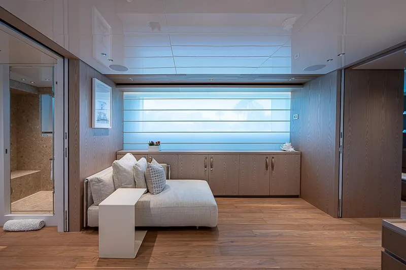 The Wolf Yacht Photos Pics Luxurious interior of 2023 Sanlorenzo SD118 yacht with modern design and elegant furnishings.