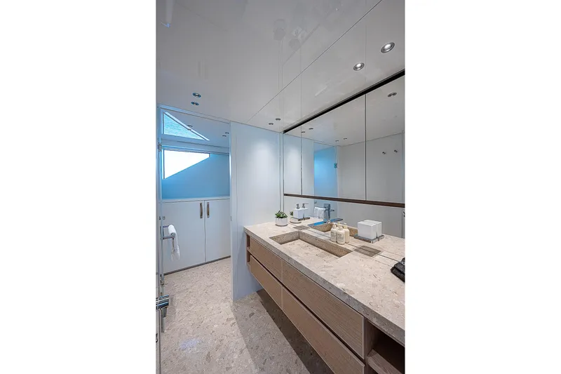 The Wolf Yacht Photos Pics Luxurious bathroom on 2023 Sanlorenzo SD118 yacht with modern fixtures and elegant design.