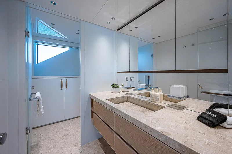 The Wolf Yacht Photos Pics Luxurious bathroom on 2023 Sanlorenzo SD118 yacht with modern fixtures and elegant design.