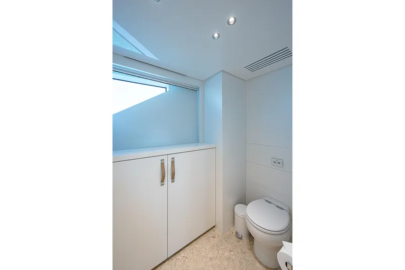 The Wolf Yacht Photos Pics Modern bathroom on 2023 Sanlorenzo SD118 yacht, featuring sleek design and natural lighting.