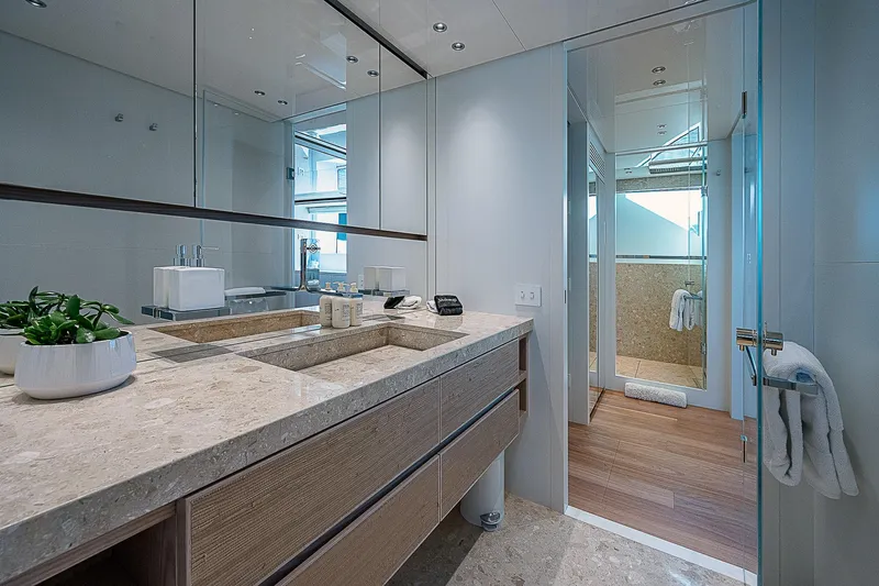 The Wolf Yacht Photos Pics Luxurious bathroom on 2023 Sanlorenzo SD118 yacht with modern fixtures and elegant design.