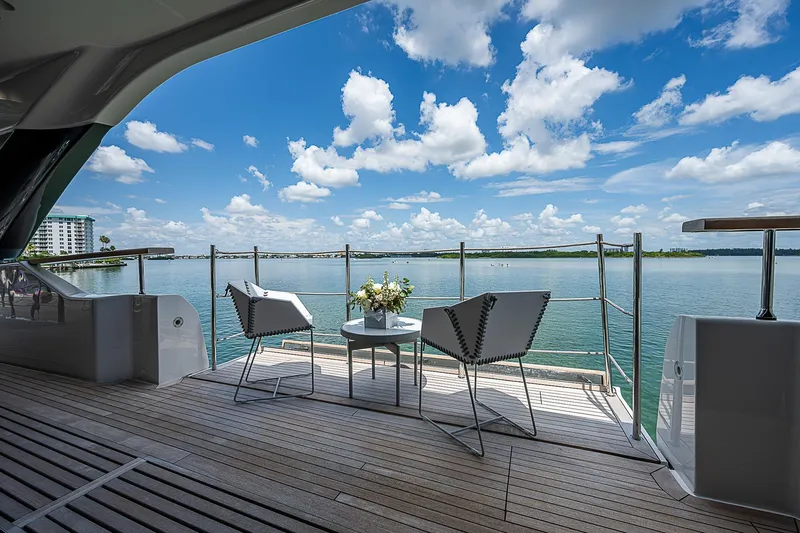 The Wolf Yacht Photos Pics Luxury Sanlorenzo SD118 yacht deck with ocean view, 2023 model.