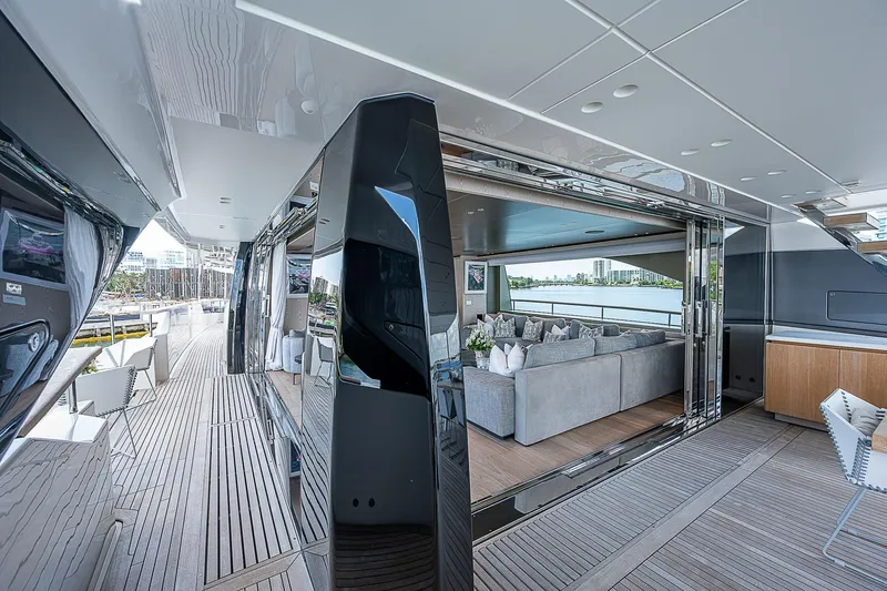 The Wolf Yacht Photos Pics Luxurious 2023 Sanlorenzo SD118 yacht interior with modern design and spacious seating area.