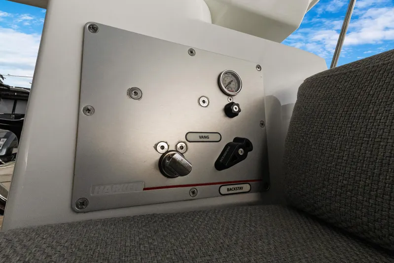 Beatrice Yacht Photos Pics Control panel on Jeanneau Sun Odyssey 51 Performance yacht, 2021 model, with vang and backstay controls.