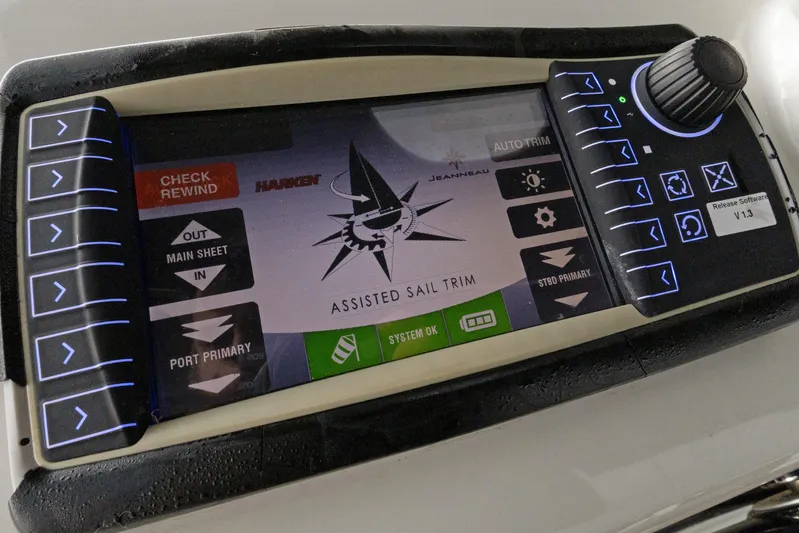 Beatrice Yacht Photos Pics Control panel of Jeanneau Sun Odyssey 51 Performance, 2021, displaying assisted sail trim features.