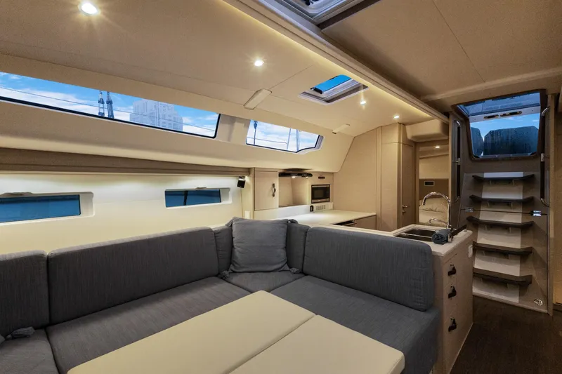 Beatrice Yacht Photos Pics Luxurious interior of 2021 Jeanneau Sun Odyssey 51 Performance yacht with modern design.