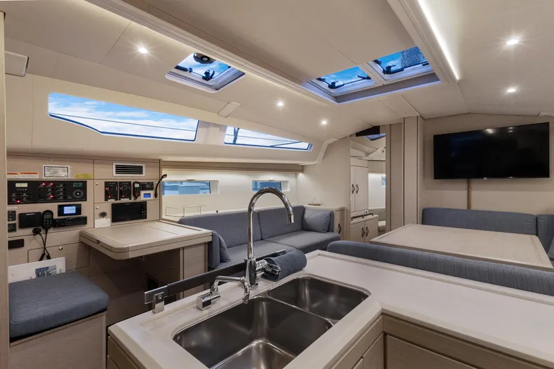 Beatrice Yacht Photos Pics Luxurious interior of 2021 Jeanneau Sun Odyssey 51 Performance yacht with modern amenities.