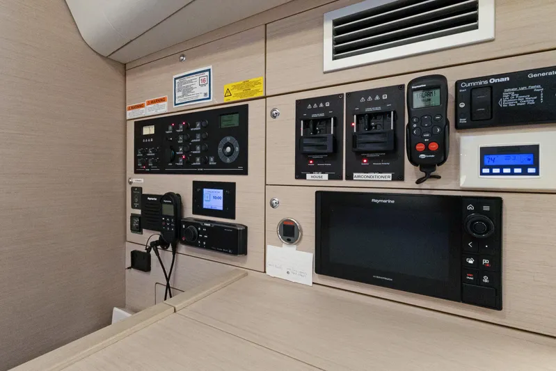 Beatrice Yacht Photos Pics Control panel of 2021 Jeanneau Sun Odyssey 51 Performance yacht, featuring navigation and system controls.