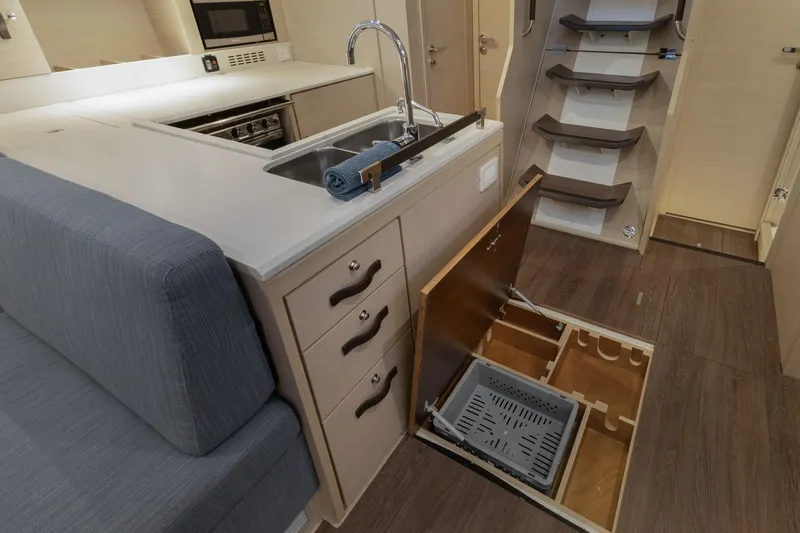 Beatrice Yacht Photos Pics Modern kitchen interior of 2021 Jeanneau Sun Odyssey 51 Performance yacht.