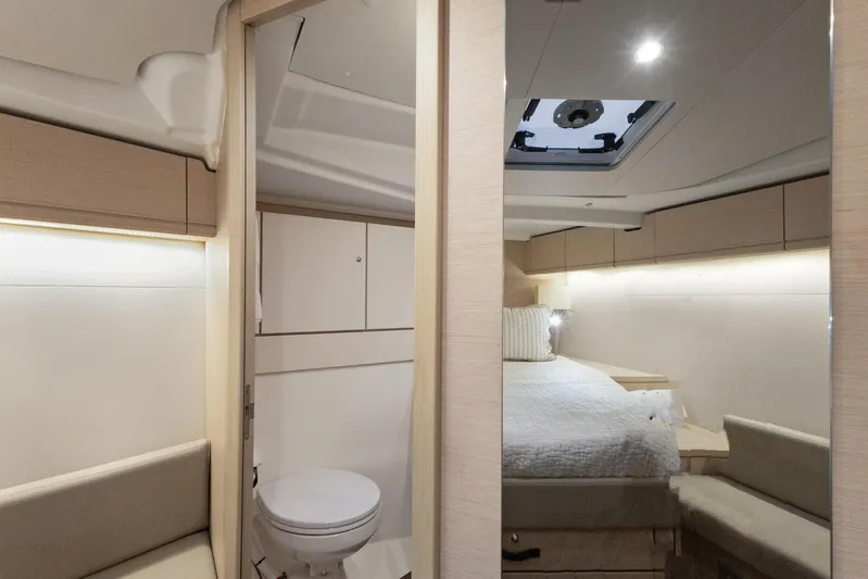 Beatrice Yacht Photos Pics Luxurious interior of 2021 Jeanneau Sun Odyssey 51 Performance yacht cabin.