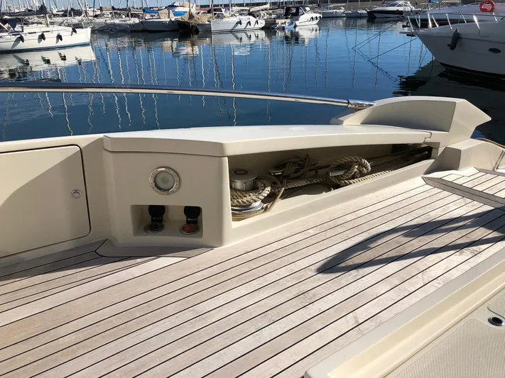  Yacht Photos Pics 2006 Riva Super Ego 68 yacht deck with rope storage, docked in a marina.
