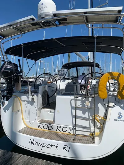 Rob Roy Yacht Photos Pics Beneteau Oceanis 46 sailboat, 2008 model, docked in Newport, RI, with dual steering wheels.