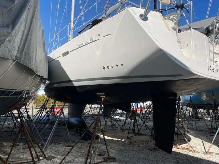 Rob Roy Yacht Photos Pics 2008 Beneteau Oceanis 46 sailboat on dry dock, supported by stands.