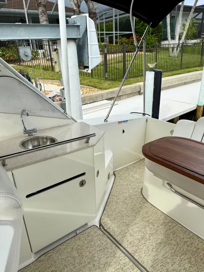 Just Us Yacht Photos Pics 2010 Sea Ray 310 Sundancer interior with sink and seating area, docked at marina.