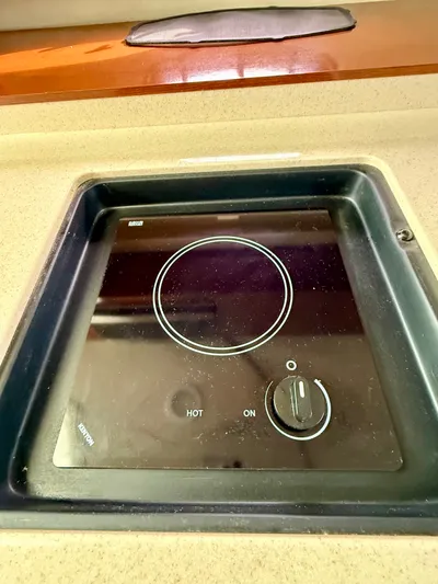 Just Us Yacht Photos Pics Stovetop on 2010 Sea Ray 310 Sundancer yacht, featuring a sleek black design.