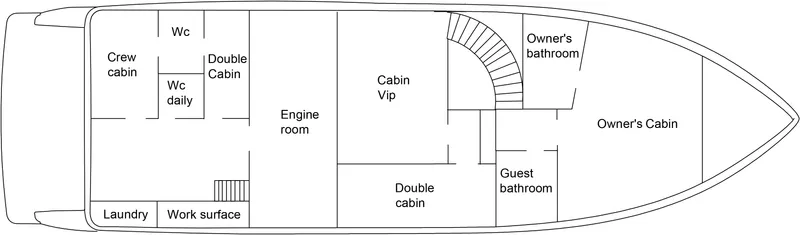  Yacht Photos Pics Floor plan of a 1995 Moonen 68 yacht, featuring cabins, bathrooms, and engine room.