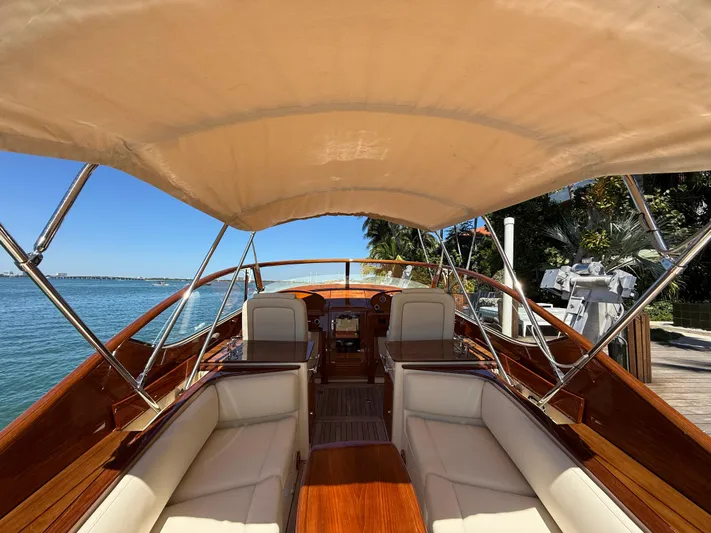 Pampelonne Yacht Photos Pics 2018 Hinckley 34 Runabout boat interior with canopy, featuring elegant seating and wooden finishes.