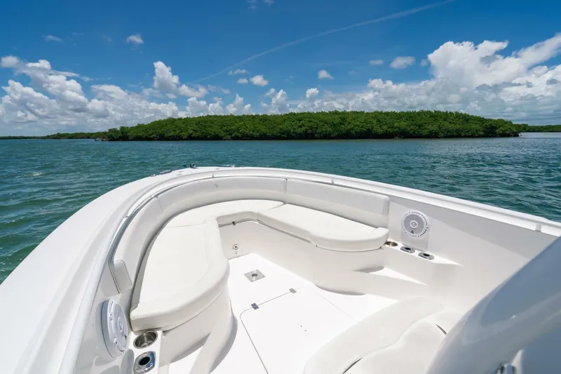  Yacht Photos Pics 2017 Edgewater 318CC boat on water, clear sky, lush green island in background.