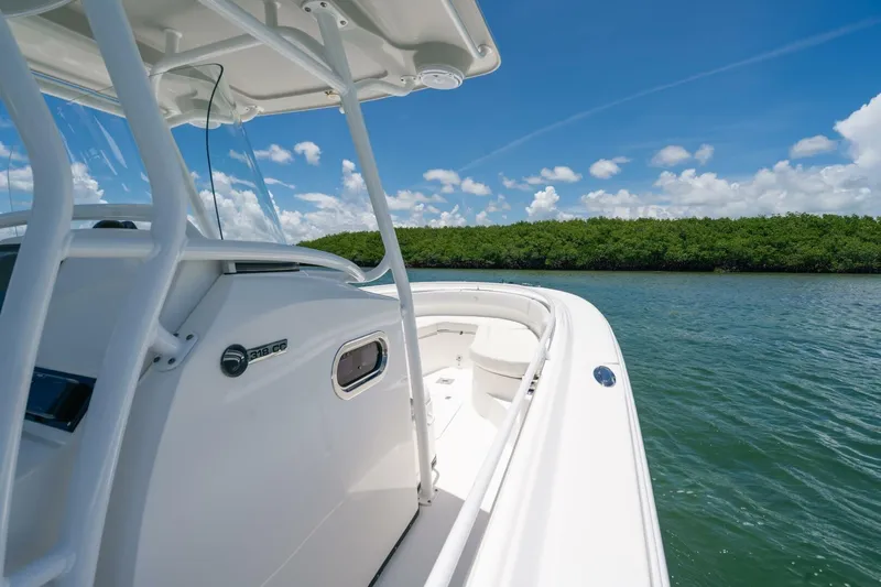  Yacht Photos Pics 2017 Edgewater 318CC boat cruising on a sunny day with clear blue skies.