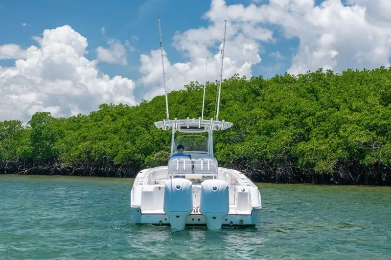  Yacht Photos Pics 2017 Edgewater 318CC boat cruising near lush green mangroves under a bright blue sky.