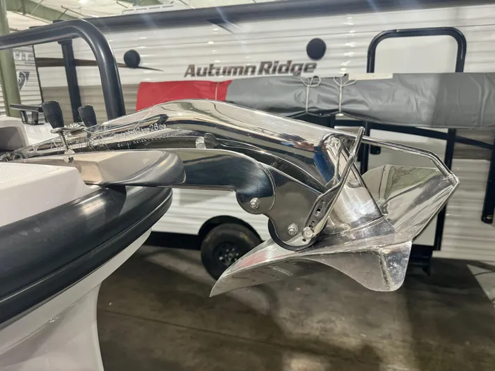Escape Artist Yacht Photos Pics 2020 Axopar 37 Cross Cabin BRABUS anchor detail with Autumn Ridge trailer in background.