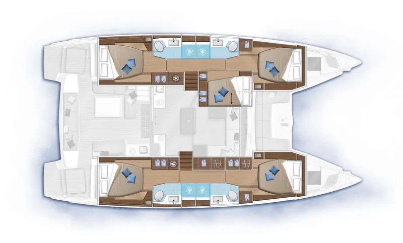 Karma Yacht Photos Pics Floor plan of a 2020 Lagoon 50 catamaran, featuring spacious cabins and modern amenities.