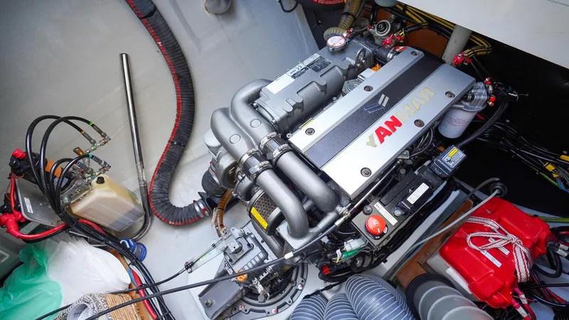 Karma Yacht Photos Pics Engine compartment of a 2020 Lagoon 50 catamaran, featuring a Yanmar marine engine.