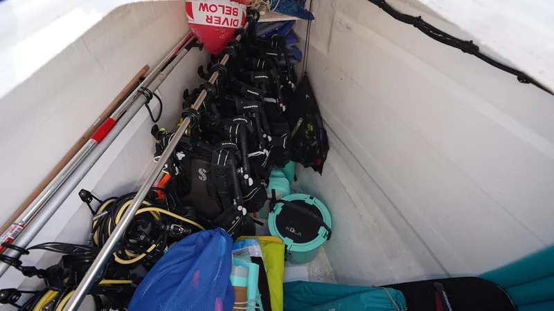 Karma Yacht Photos Pics Storage compartment with diving gear on a 2020 Lagoon 50 catamaran.