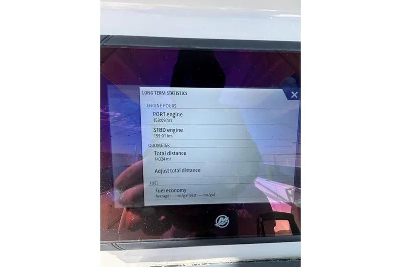  Yacht Photos Pics Display screen showing engine statistics for 2021 Invincible 35 Catamaran.