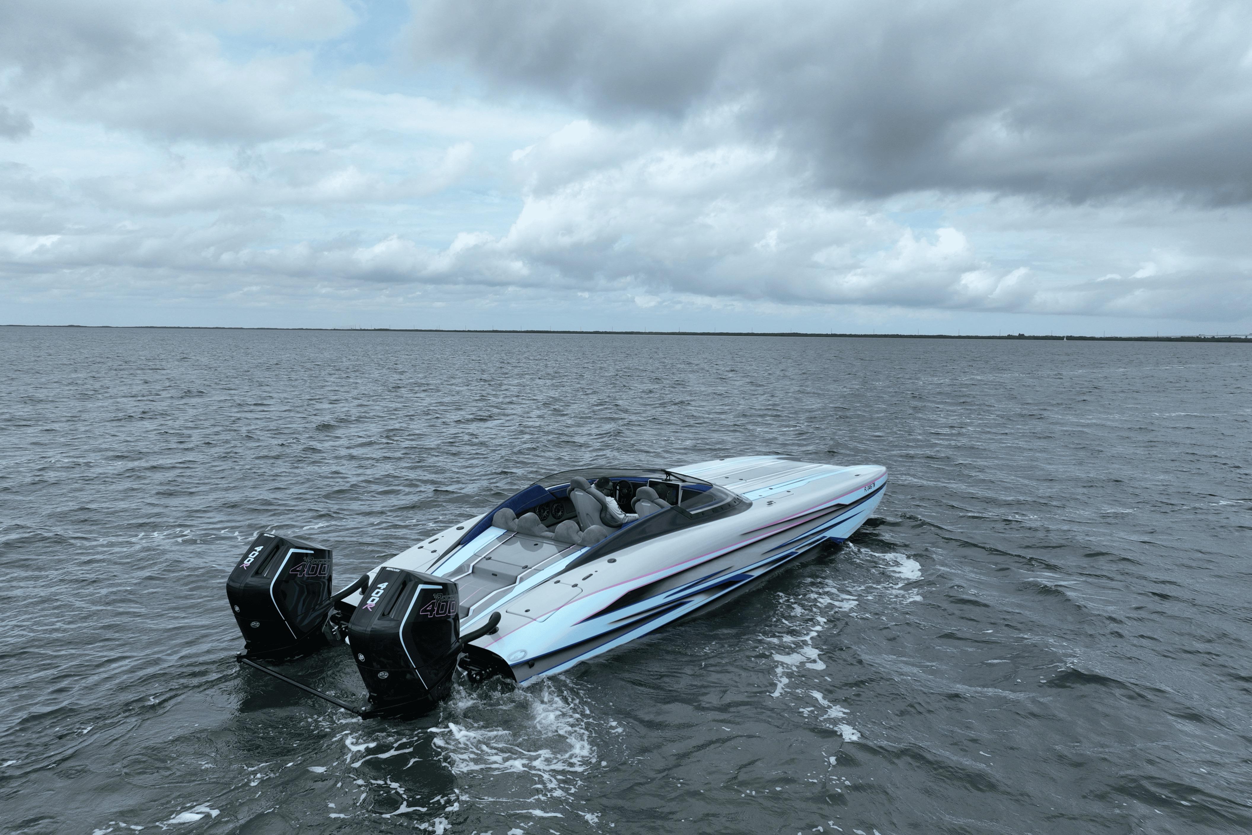 2024 Dug Wright 32 speedboat cruising on open water under cloudy skies.