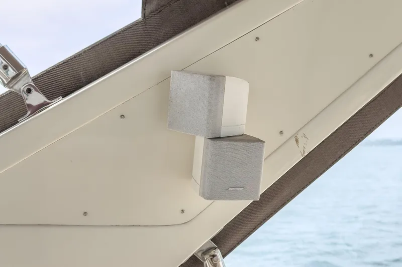 Sweet Seas Yacht Photos Pics Speakers mounted on a 2001 McKinna 57 Pilothouse yacht, overlooking the ocean.