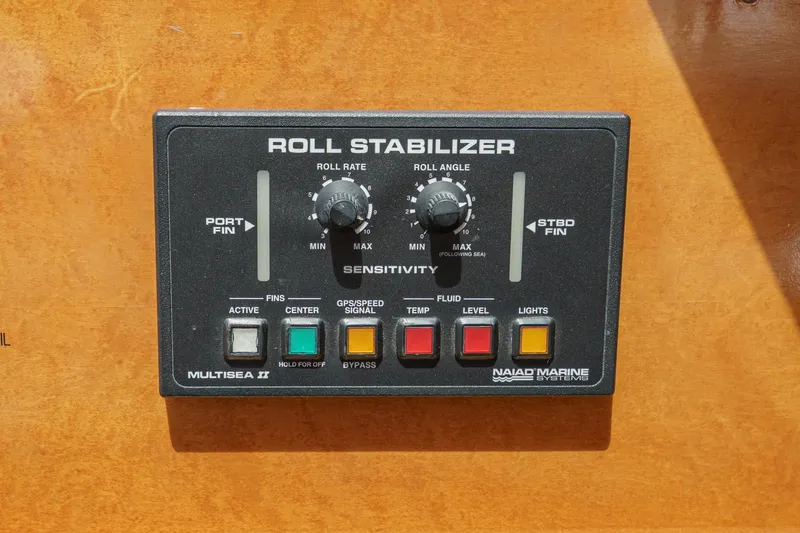 Sweet Seas Yacht Photos Pics Control panel of a 2001 McKinna 57 Pilothouse roll stabilizer system.