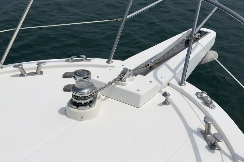 Sweet Seas Yacht Photos Pics Bow of 2001 McKinna 57 Pilothouse yacht with anchor and winch system.