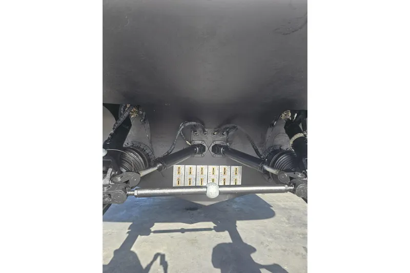  Yacht Photos Pics Underside view of a 2005 Leopard 27m yacht, showcasing mechanical components.