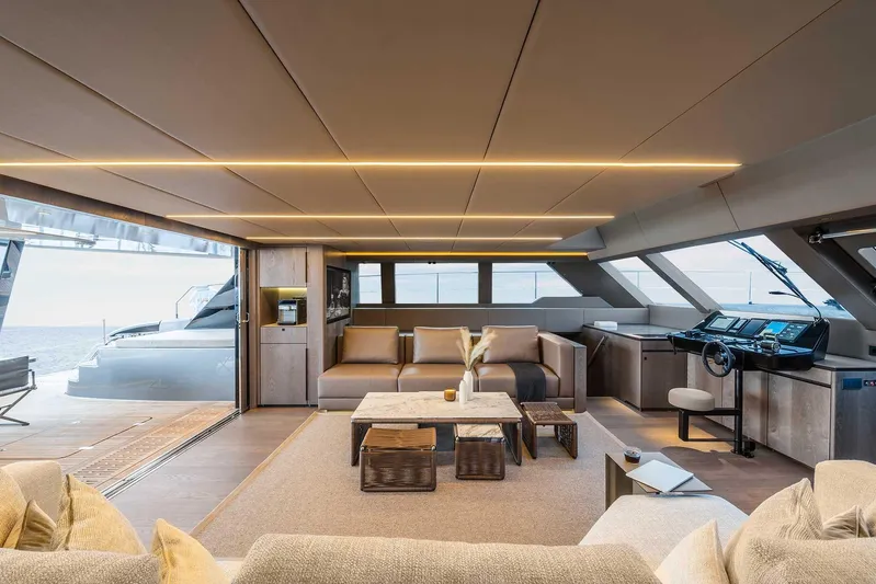  Yacht Photos Pics Luxurious interior of 2026 Sunreef 60 Sunreef Power yacht with modern furnishings and panoramic views.
