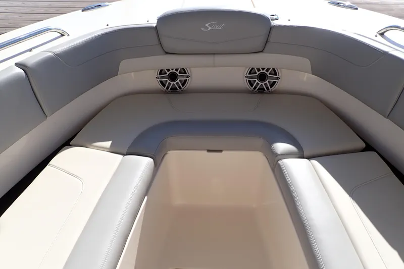  Yacht Photos Pics 2021 Scout 277 Dorado boat interior with cushioned seating and built-in speakers.
