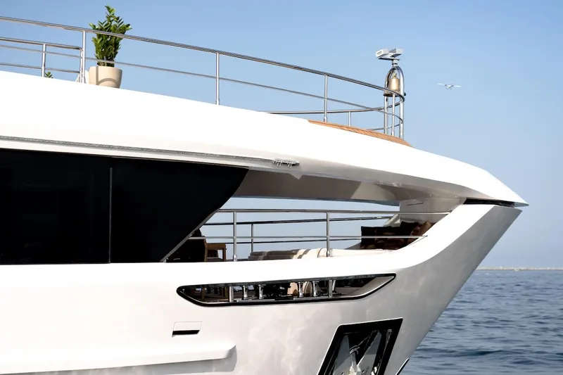  Yacht Photos Pics Luxury Majesty 100 Terrace yacht, 2025 model, sleek design on open sea.