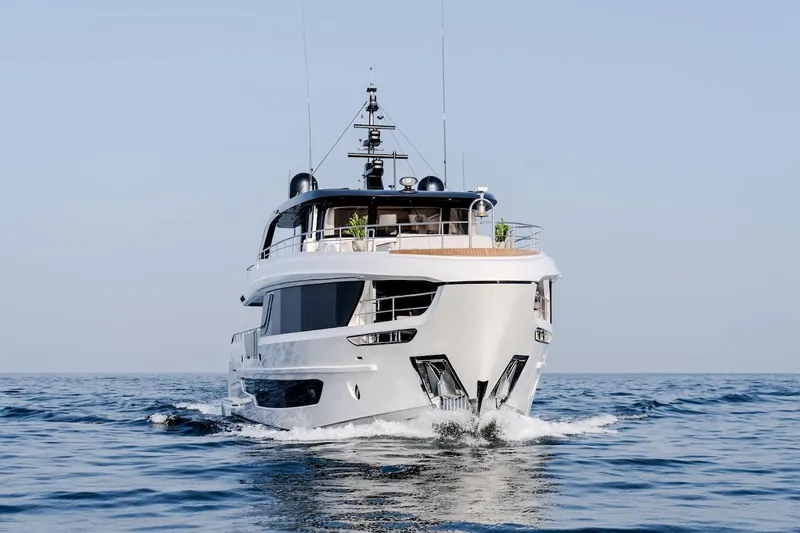  Yacht Photos Pics Majesty 100 Terrace 2025 yacht cruising on open sea, front view.