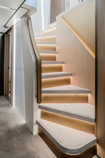  Yacht Photos Pics Modern staircase with ambient lighting in 2025 Majesty 100 Terrace yacht.