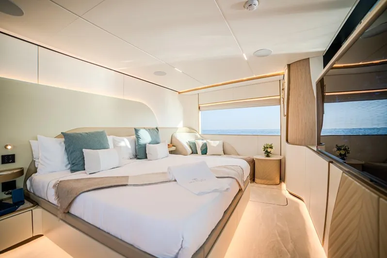  Yacht Photos Pics Luxurious bedroom interior on Majesty 100 Terrace yacht, 2025 model, with ocean view.