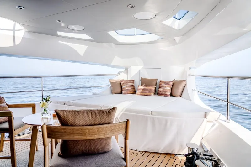  Yacht Photos Pics Luxurious 2025 Majesty 100 Terrace yacht with elegant seating and ocean view.