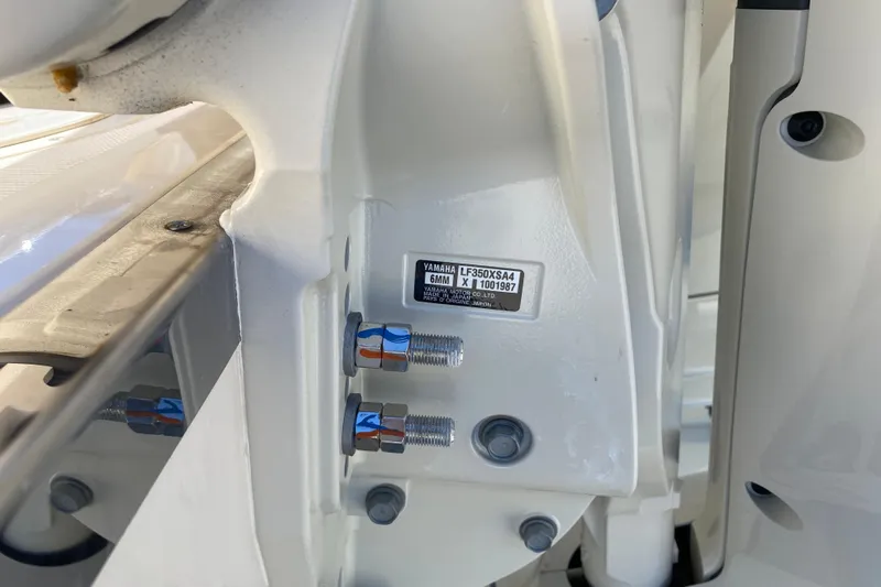  Yacht Photos Pics Close-up of a 2026 Grady-White Canyon 336 boat engine mount with Yamaha label.