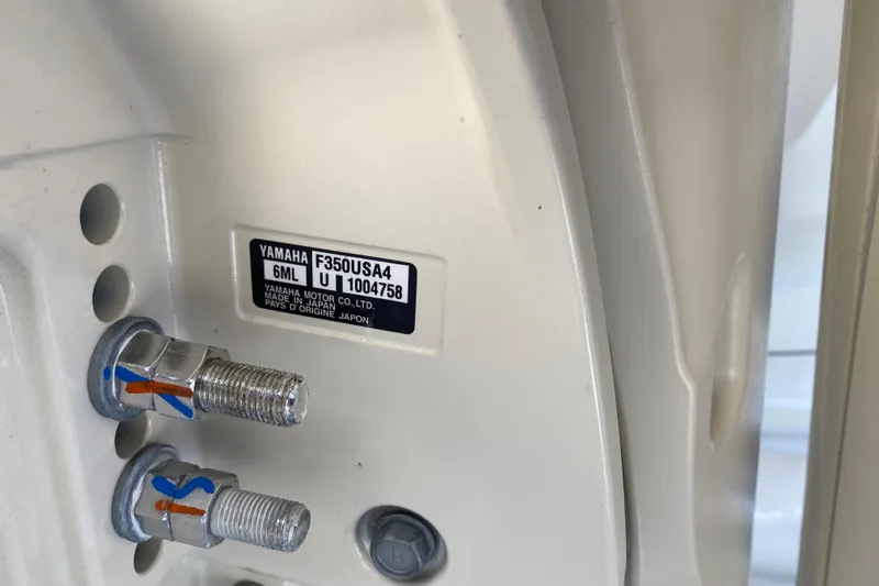  Yacht Photos Pics Yamaha F350USA4 engine label on 2026 Grady-White Canyon 336 boat.