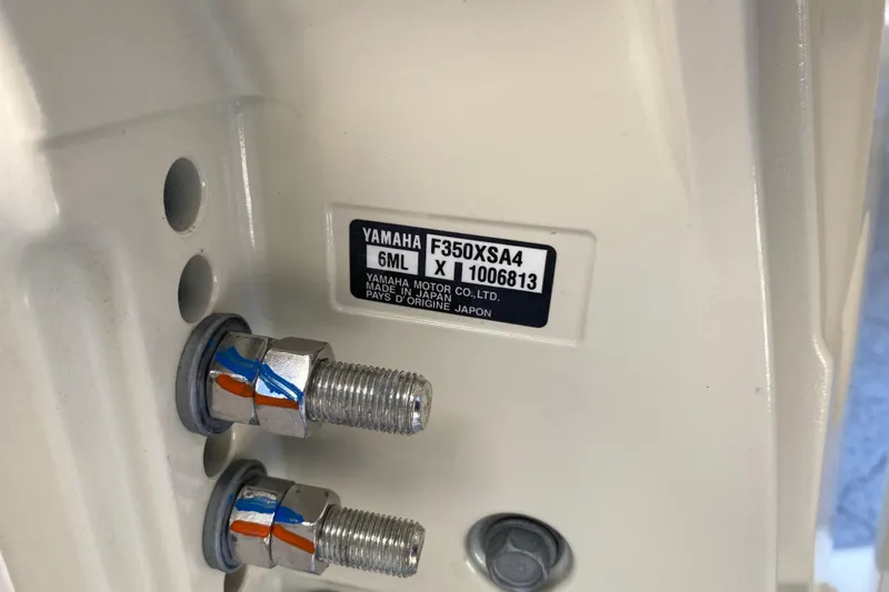  Yacht Photos Pics Close-up of Yamaha F350XSA4 engine label on 2026 Grady-White Canyon 336 boat.